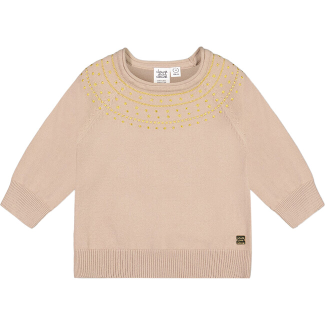 Round-The-Neck Embroidery Knit Sweater, Gold Beige