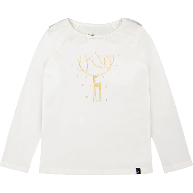 Reindeer Print Long Sleeve Frilled Top, Off-White