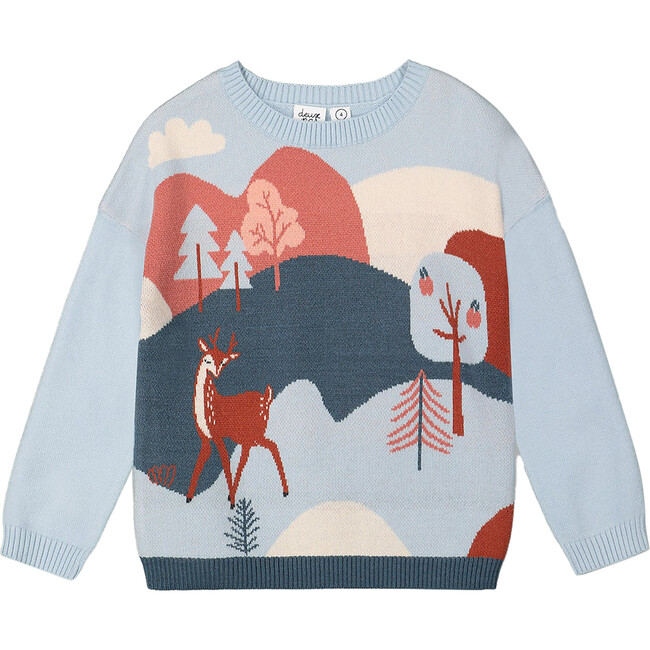 Sky Forrest Fawn Print Jacquard Sweater, Blue