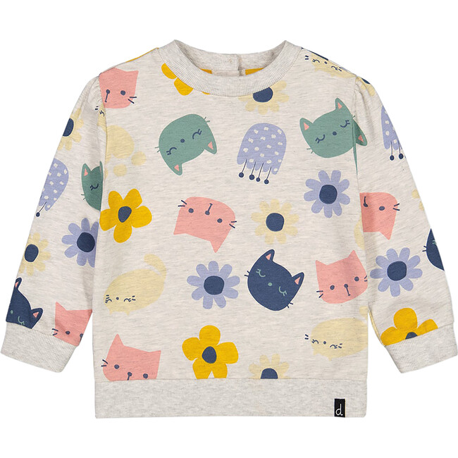 Flowery Cats Print Sweatshirt, Oatmeal