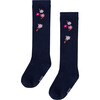 Flowers Print High Socks, Dark Navy - Socks - 1 - thumbnail