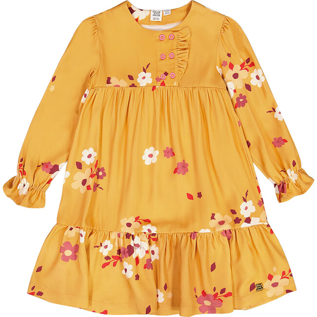 Floral Print Peasant Frilled Dress, Yellow Ochre