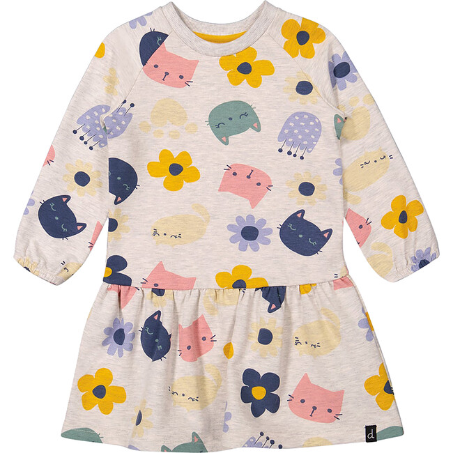 Flowery Cats Print French Terry Dress, Oatmeal