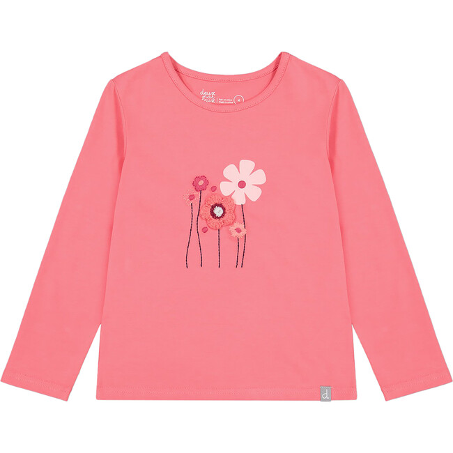 Floral Print Embroidered Long Sleeve T-Shirt, Coral - T-Shirts - 1