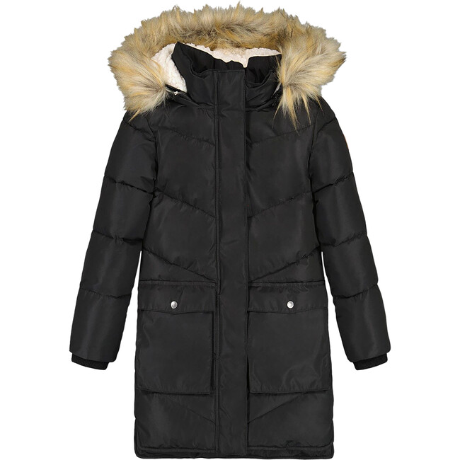 Faux Fur Hooded Puffy Long Coat, Black