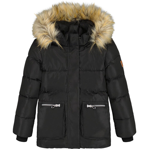 Faux Fur Hooded Puffy Jacket, Black Deux par Deux Outerwear