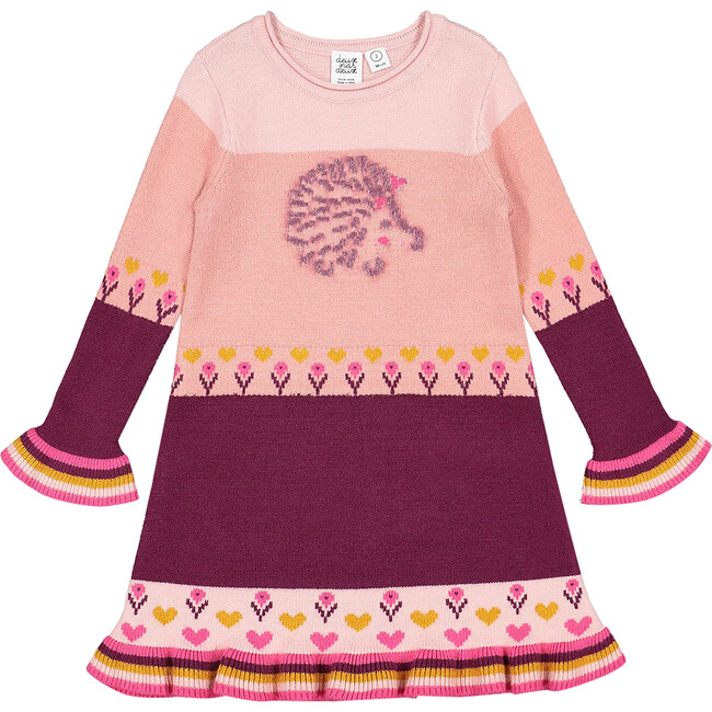 Hedgehog Intarsia Color-Block Knit Sweater Dress, Powder Pink