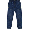 French Terry Denim Jogger Pants, Dark Blue - Jeans - 1 - thumbnail