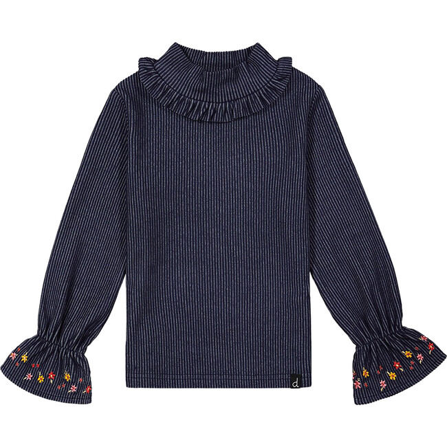 Fluid Ribbed Fabric Mock Neck Long Sleeve Denim Top, Blue - T-Shirts - 1