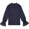 Fluid Ribbed Fabric Mock Neck Long Sleeve Denim Top, Blue - T-Shirts - 1 - thumbnail