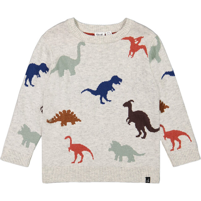 Dinosaurs Intarsia Crew Neck Sweater, Oatmeal Mix