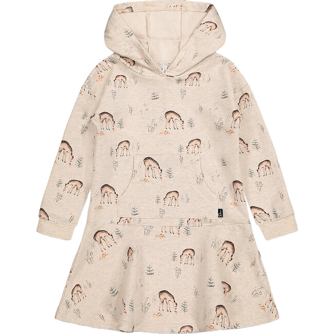 Deer Print Hooded French Terry Dress, Oatmeal Mix