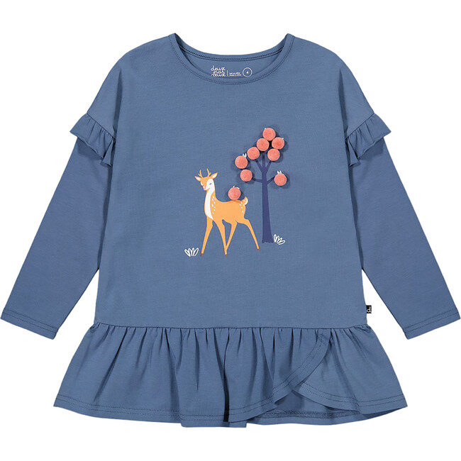Deer Print Long Sleeve Frilled Tunic With Pom-Poms, Teal Blue