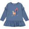 Deer Print Long Sleeve Frilled Tunic With Pom-Poms, Teal Blue - Tunics - 1 - thumbnail