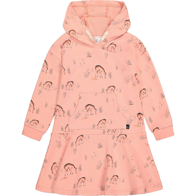 Deer Print Hooded French Terry Dress, Salmon Pink