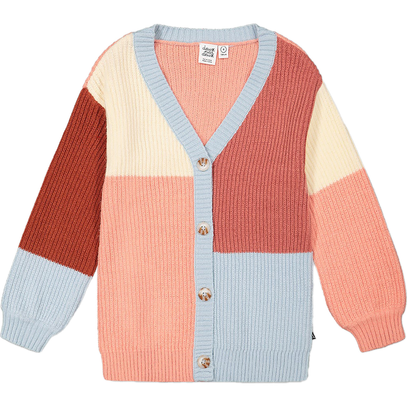 Colorblock Knit Cardigan, Salmon Pink, Sky, Terra Cotta - Deux par