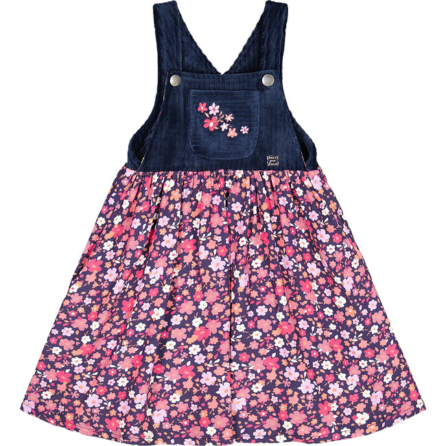 Bi-Material Ditsy Flower Print Embroidered Overall Dress, Dark Navy