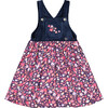 Bi-Material Ditsy Flower Print Embroidered Overall Dress, Dark Navy - Dresses - 1 - thumbnail