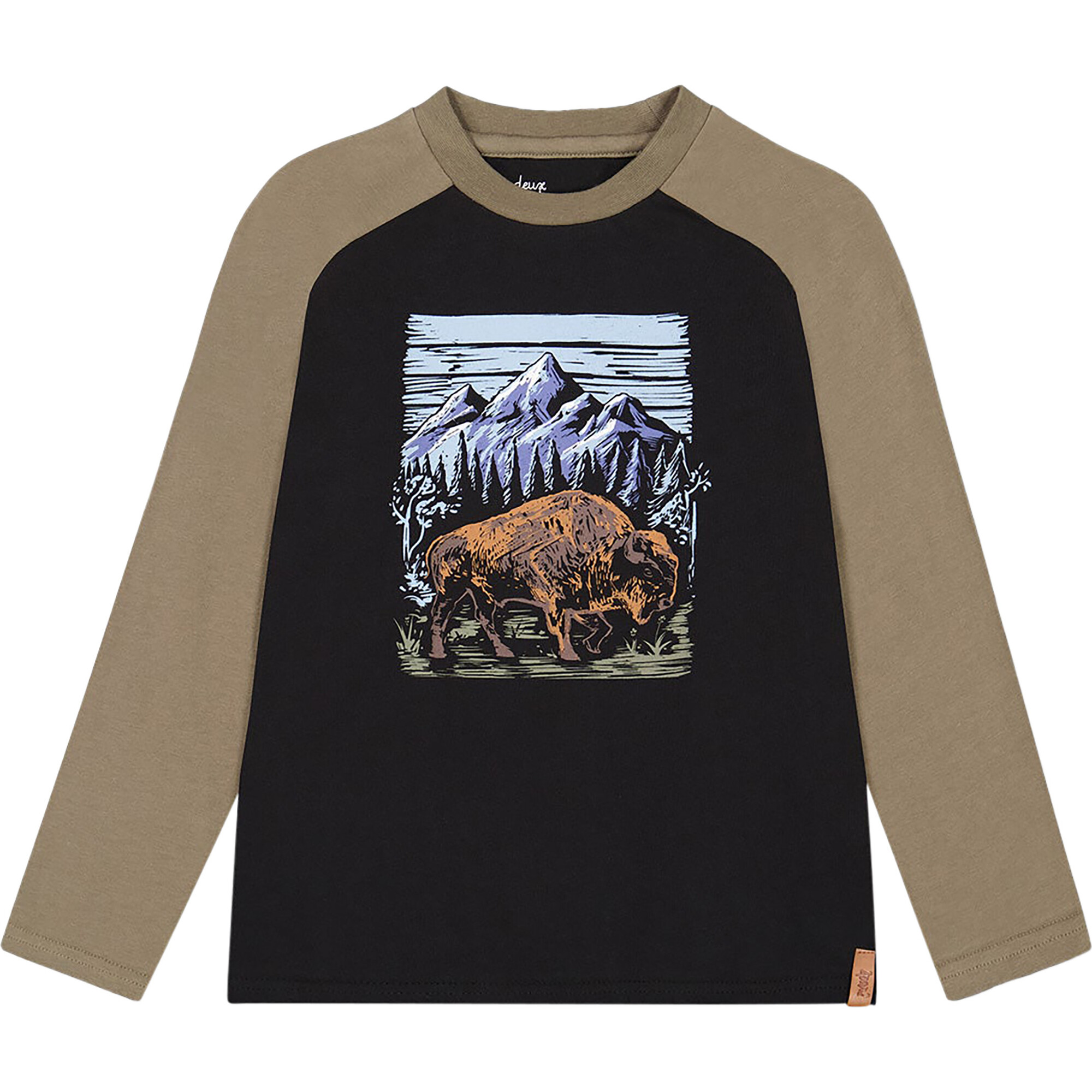 Deux Par Deux Raglan Jersey T-Shirt With Print Black And Khaki Deux Par Deux Raglan Jersey T-Shirt With Print Black And Khaki