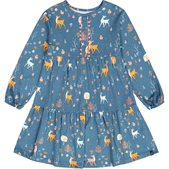 Fawns & Apples Print Brushed Jersey Long Sleeve Dress, Teal Blue