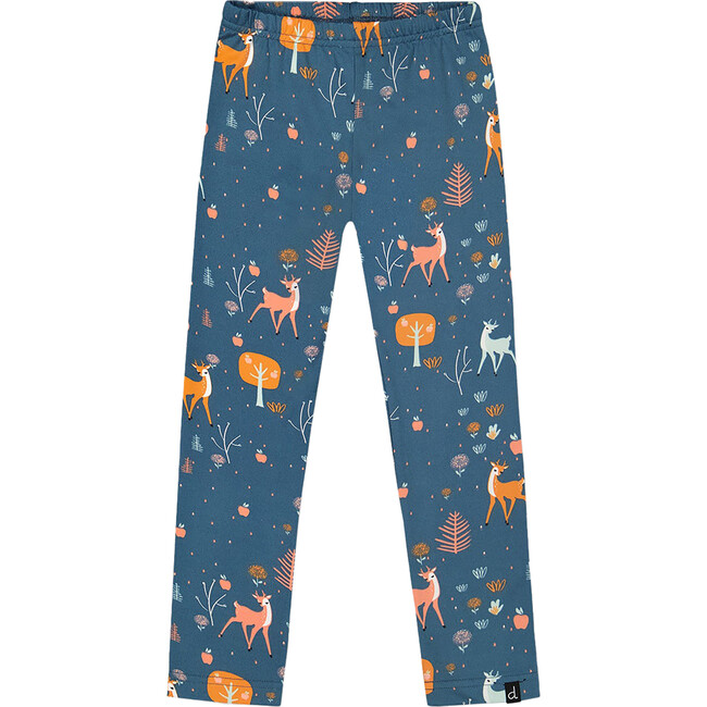 Fawns & Apples Print Brushed Jersey Leggings, Teal Blue
