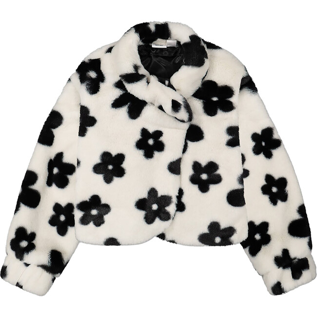 Floral Print Faux Fur Jacket, Off-White & Black