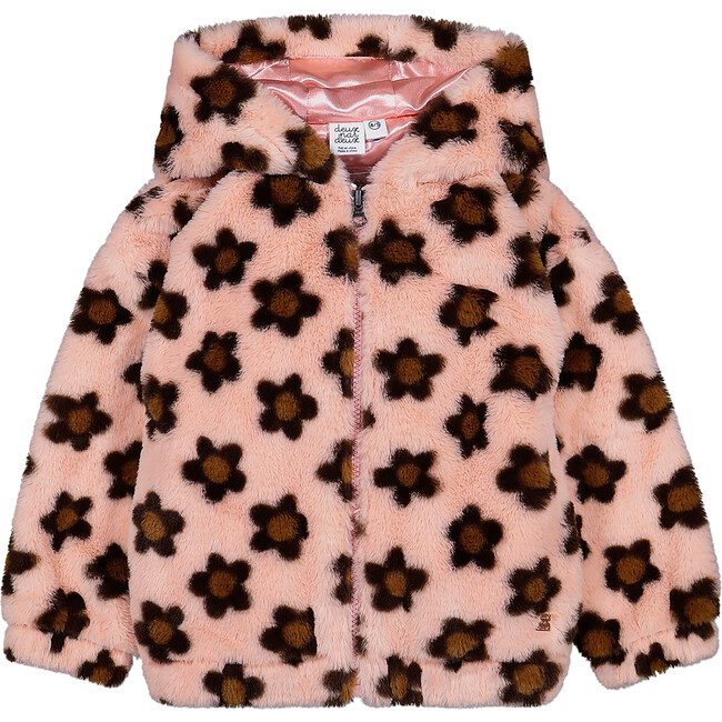 Floral Print Faux Fur Hooded Jacket, Pink & Brown