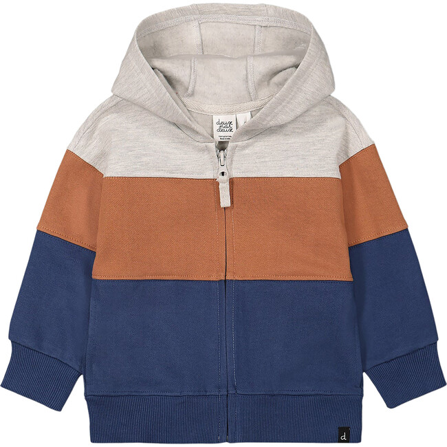 Color-Block Full-Zip Hooded Fleece, Indigo Blue, Brown & Ivory