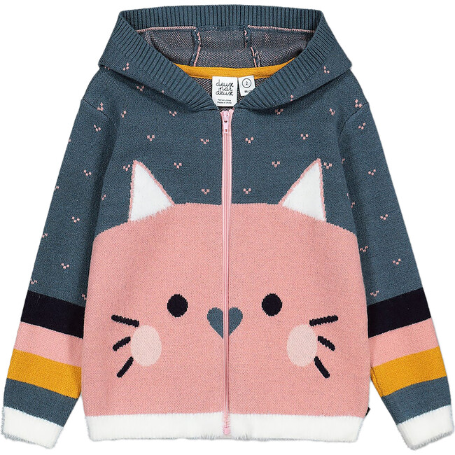 Cat Face Hooded Full Zip Knit Sweater, Sage Green & Rosette Pink