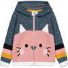 Cat Face Hooded Full Zip Knit Sweater, Sage Green & Rosette Pink - Sweaters - 1 - thumbnail