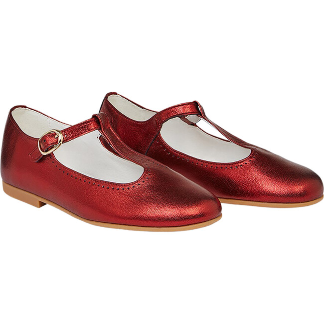 Metallic Leather Girl T-Bar Shoes, Red