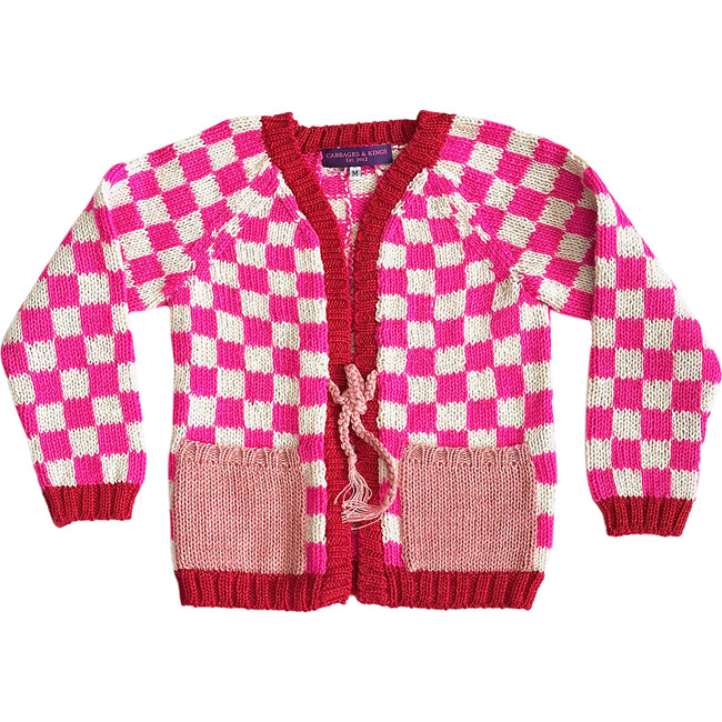 Knit Checked Long Sleeve Cardigan, Pink