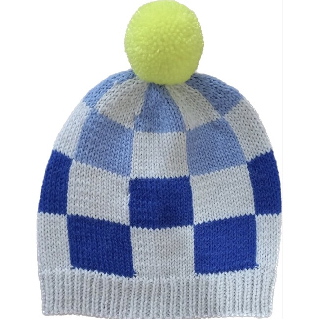 Classic Hand-Knit Checked Hat, Blue