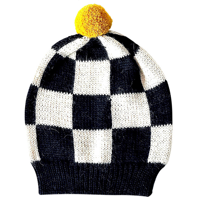 Classic Hand-Knit Checked Hat, Black