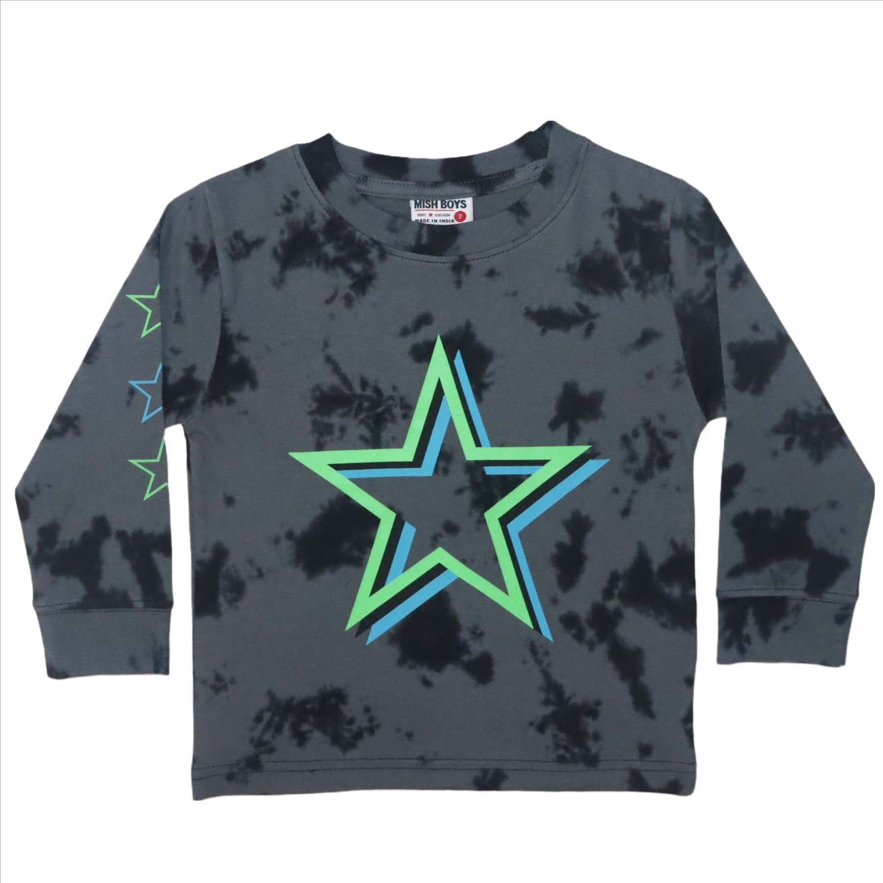 Long Sleeve Shirt Neon Star, Black Tie Dye - T-Shirts - 1