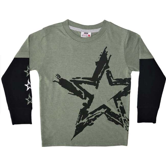 Long Sleeve 2Fer Shirt Grunge Star, Distressed Olive - T-Shirts - 1