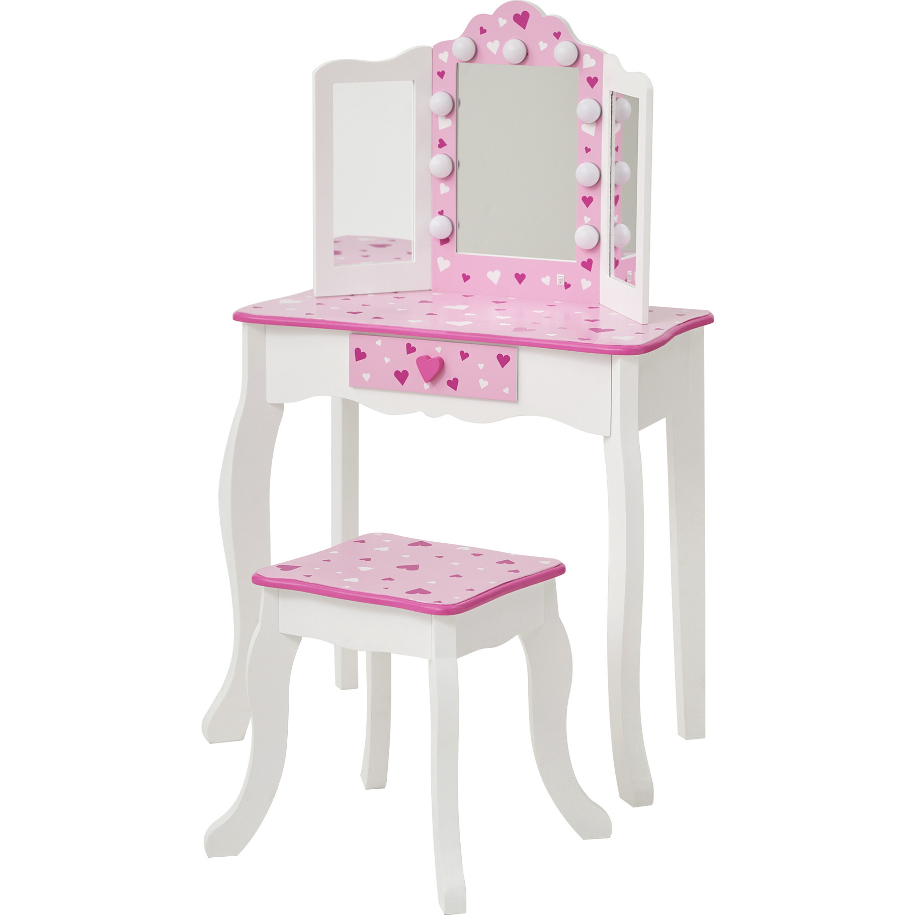 Teamson Kids - Fashion Polka Dot Prints Gisele Play Vanity Set with LED Mirror Light - White / Gold