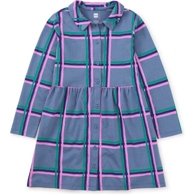 Plaid Collared Long Sleeve Shirtdress, Windowpane - Dresses - 1