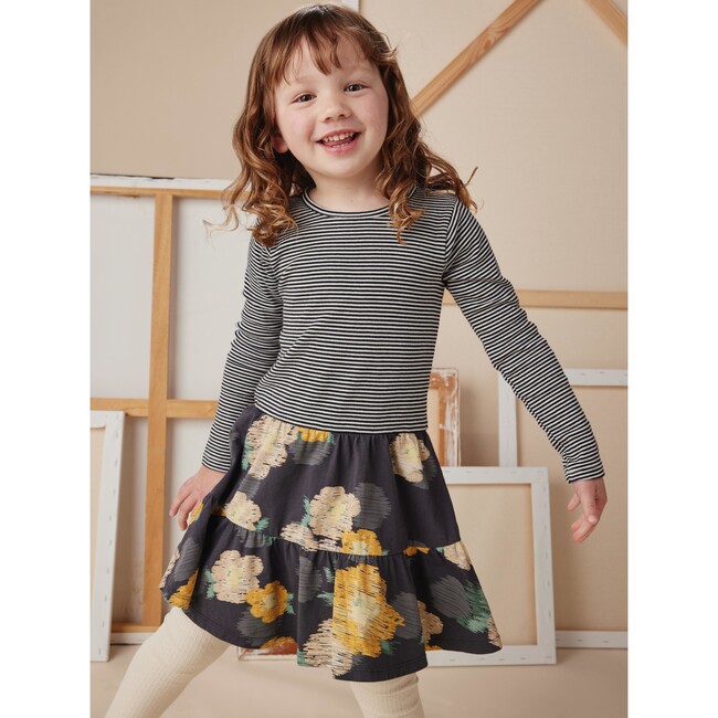 Striped & Floral Print Tiered Skirted Twirl Dress, Impressionist Roses - Dresses - 2