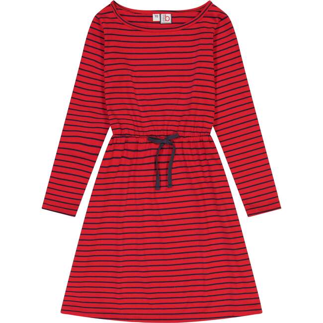 Lila Tween Striped Drawstring Dress, Red And Navy