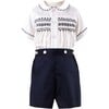 Peter Pan Collar Smocked Shirt And Short Set, Navy - Mixed Apparel Set - 1 - thumbnail