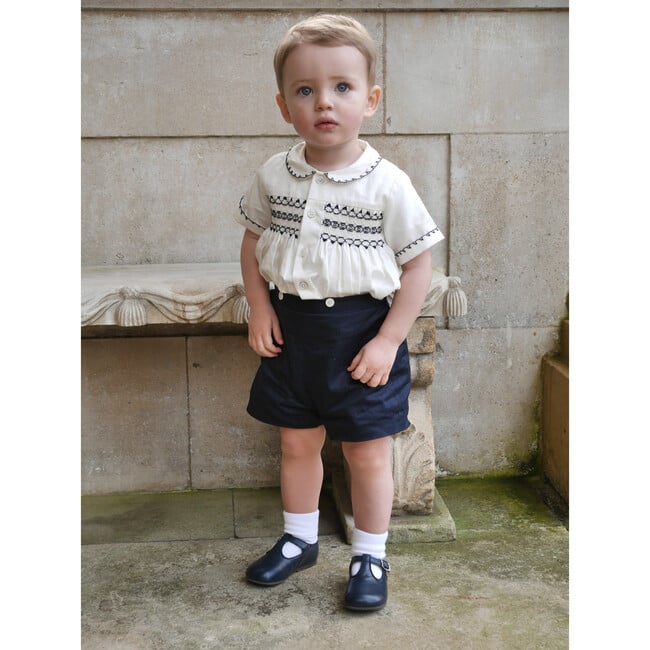 Peter Pan Collar Smocked Shirt And Short Set, Navy - Mixed Apparel Set - 2