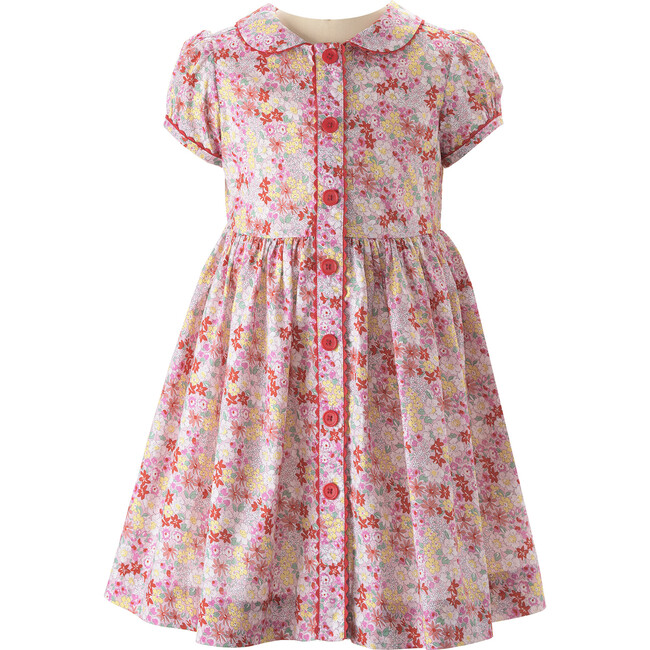 Ditsy Garden Button-Front Puff Sleeve Dress, Pink