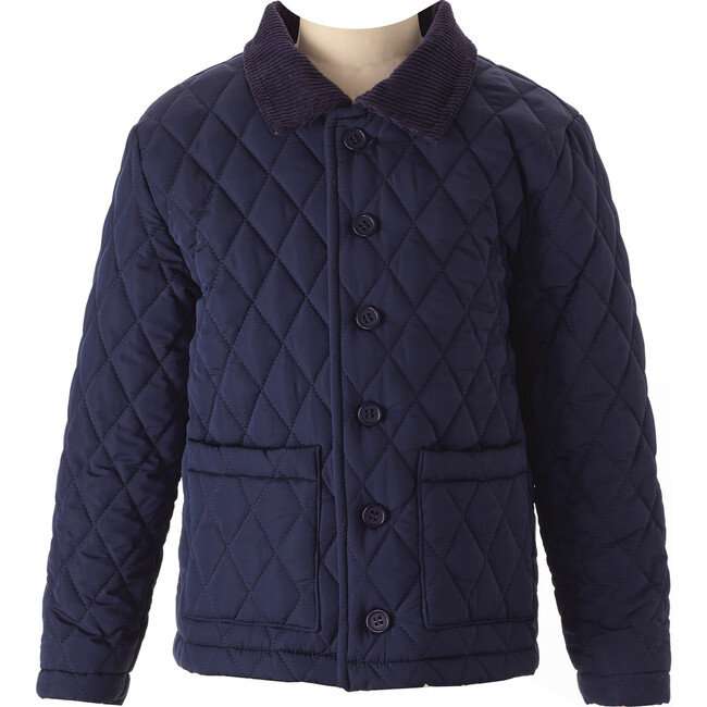 Corduroy Collar Over-Sized Button Quilted Jacket, Navy