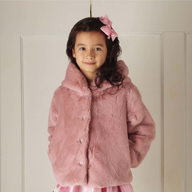 Faux Fur Hooded Short Coat, Pink - Faux Fur Coats - 3