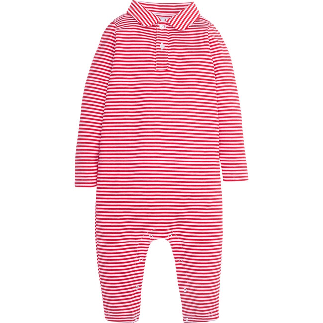 Long Sleeve Striped Polo Romper, Red