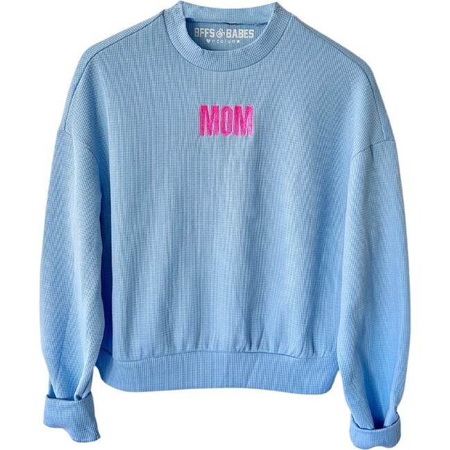 Women's Embroidered Mock Neck "Mom" Pullover, Blue