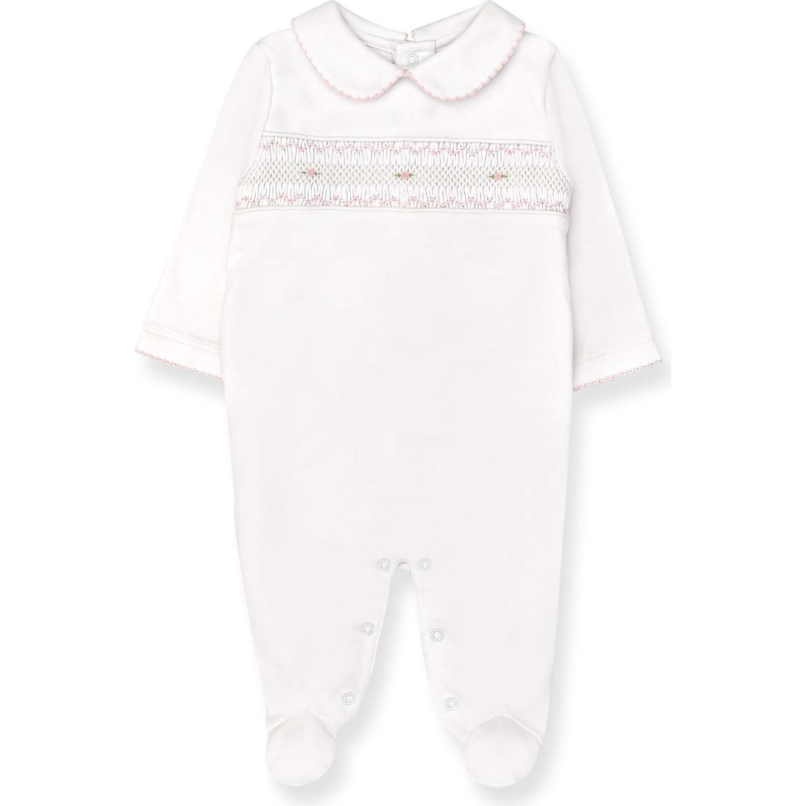 Hand Smocked Pima Playsuit, White & Pink - Footie Pajamas - 1