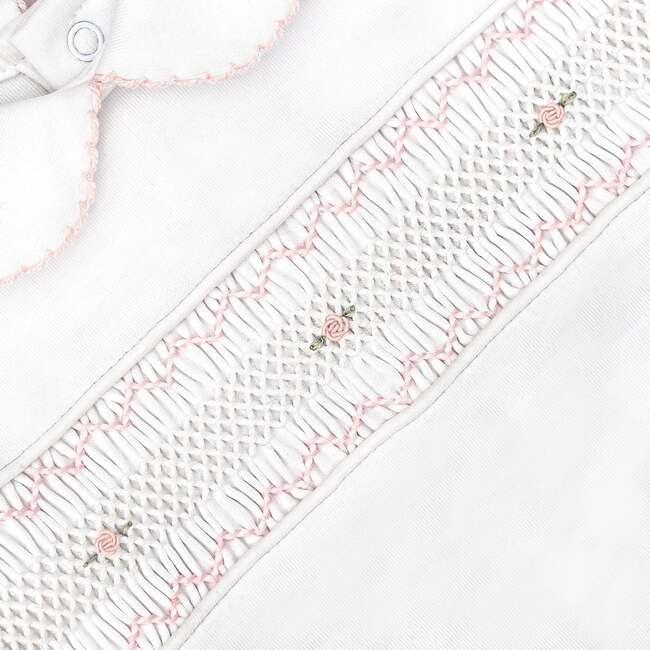 Hand Smocked Pima Playsuit, White & Pink - Footie Pajamas - 3