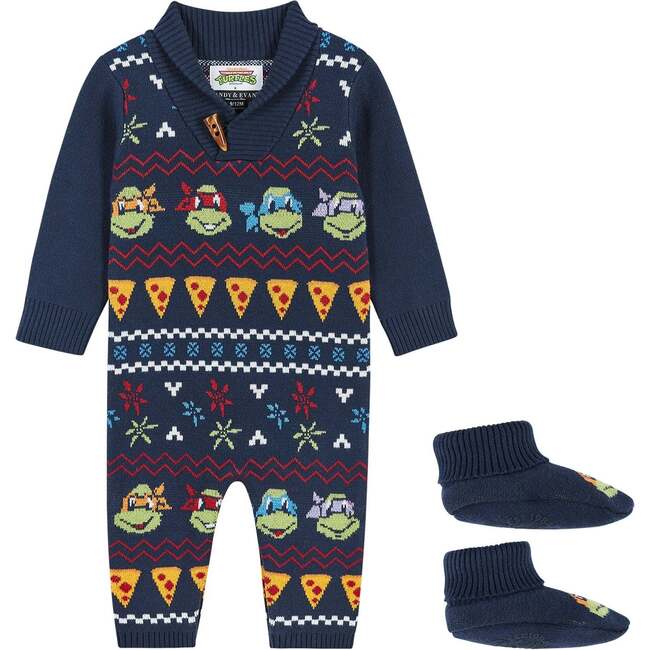 TMNT® X Andy & Evan® Fair Isle Icon Sweater Romper, Navy Holiday